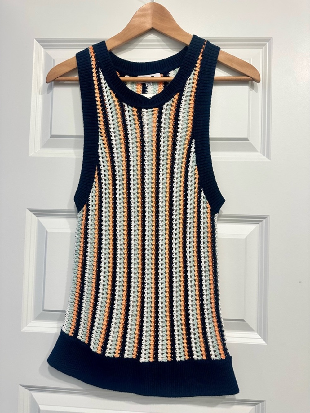 Evereve Navy, White & Peach Striped Crochet Tank